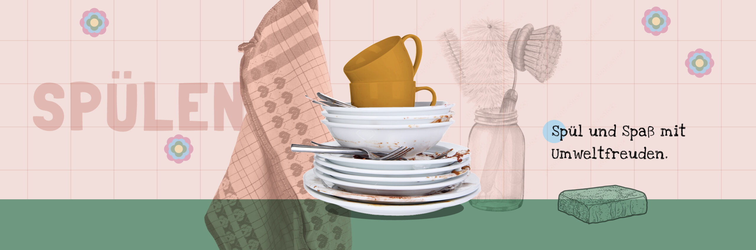 Handtücher und Geschirr vor Kacheln mit Prielblumen.